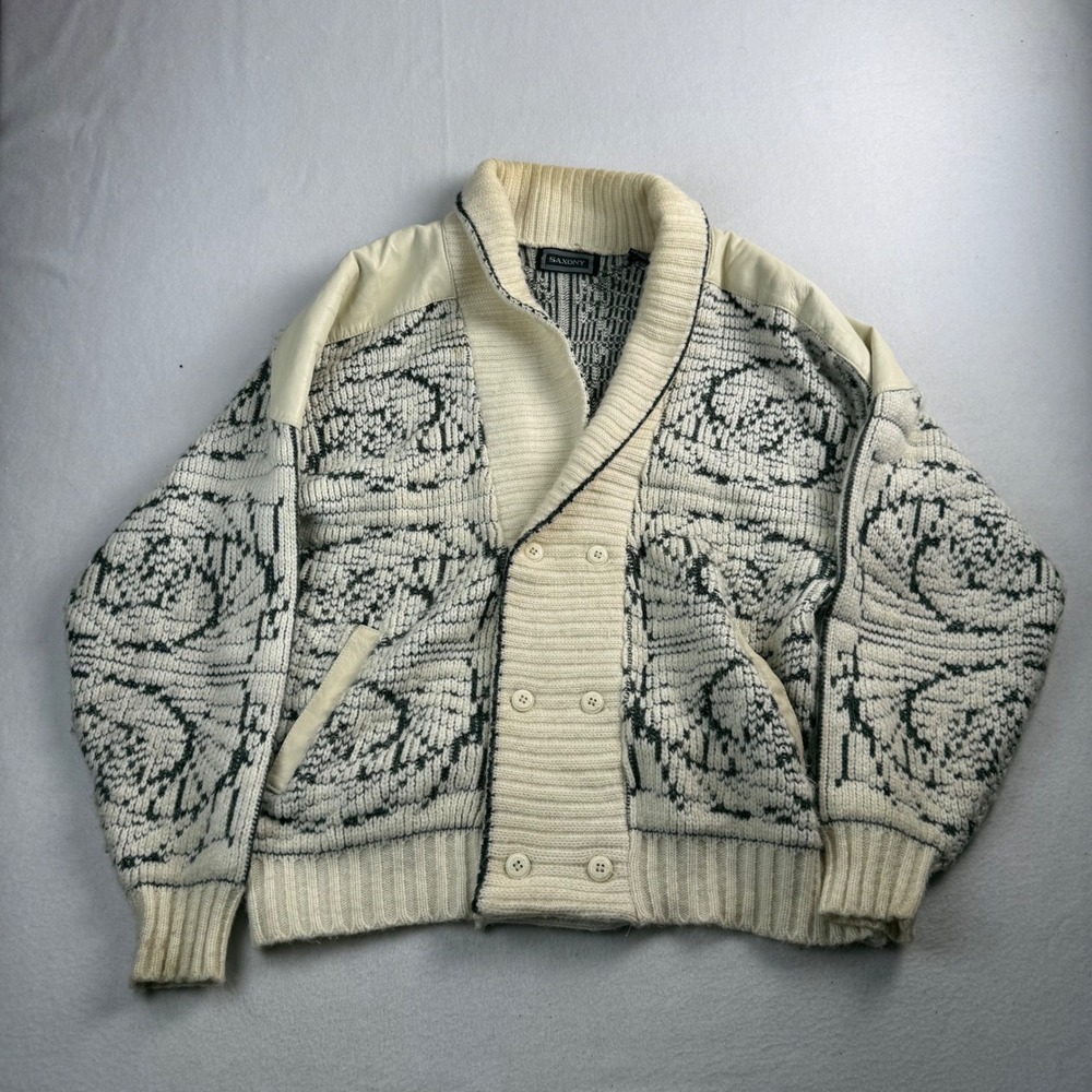 Saxony Vintage Knit‎ Cardigan Leather Trim Shawl Collar Black White Women Large